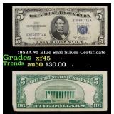 1953A $5 Blue Seal Silver Certificate Grades xf+