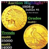 1908-p Gold Indian Half Eagle $5 GEM+ Unc USCG