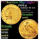 1908-p Gold Indian Quarter Eagle $2 1/2 ms65 SEGS