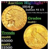 1914-p Gold Indian Quarter Eagle $2 1/2 ms65+ SEGS