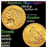 1914-p Gold Indian Half Eagle $5 Choice+ Unc USCG