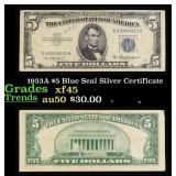 1953A $5 Blue Seal Silver Certificate Grades xf+