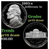 1993-s Proof Jefferson Nickel 5c pr70 dcam SEGS
