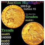 1913-p Gold Indian Half Eagle $5 Choice+ Unc USCG
