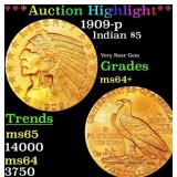1909-p Gold Indian Half Eagle $5 Choice+ Unc USCG