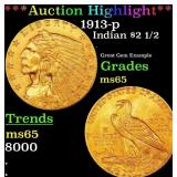 1913-p Gold Indian Quarter Eagle $2 1/2 ms65 SEGS