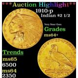 1910-p Gold Indian Quarter Eagle $2 1/2 ms64+ SEGS