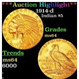 1914-d Gold Indian Half Eagle $5 Choice Unc USCG