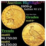 1909-p Gold Indian Quarter Eagle $2 1/2 ms64+ SEGS