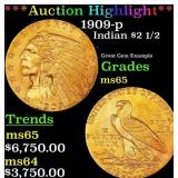 1909-p Gold Indian Quarter Eagle $2 1/2 ms65 SEGS