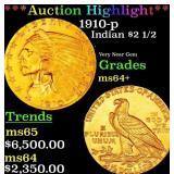 1910-p Gold Indian Quarter Eagle $2 1/2 ms64+ SEGS