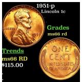 1951-p Lincoln Cent 1c Grades GEM+ Unc RD