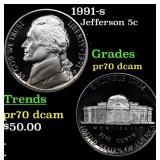 1991-s Proof Jefferson Nickel 5c pr70 dcam SEGS