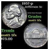 1957-p Jefferson Nickel 5c Grades GEM 5fs