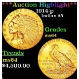 1914-p Gold Indian Half Eagle $5 Choice Unc USCG