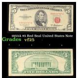 1953A $5 Red Seal United States Note Grades vf+