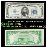 1934 $5 Blue Seal Silver Certificate Grades xf+