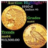 1910-d Gold Indian Half Eagle $5 Choice Unc USCG