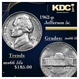 1962-p Jefferson Nickel 5c Grades GEM+ 5fs