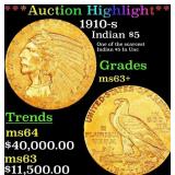1910-s Gold Indian Half Eagle $5 ms63+ SEGS