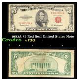 1953A $5 Red Seal United States Note Grades vf++
