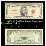 1953A $5 Red Seal United States Note Grades vf++