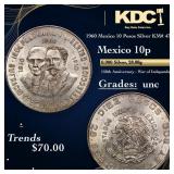 1960 Mexico 10 Pesos Silver KM# 476 Grades Brillia