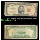 1953 $5 Red Seal United States Note Grades f+