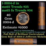 BU Shotgun Jefferson 5c roll, 2004-d Peace 40 pcs