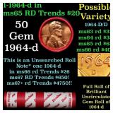 BU Shotgun Lincoln 1c roll, 1964-d 50 pcs Dunbar W