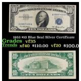 1953 $10 Blue Seal Silver Certificate Grades vf++