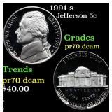 1991-s Proof Jefferson Nickel 5c pr70 dcam SEGS