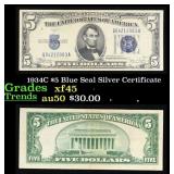 1934C $5 Blue Seal Silver Certificate Grades xf+