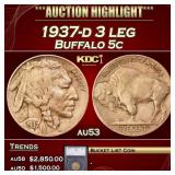 *Highlight* 1937-d 3 leg Buffalo Nickel 5c au53 SE