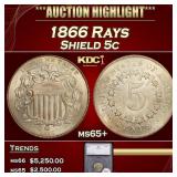 *Highlight* 1866 Rays Shield Nickel 5c ms65+ SEGS