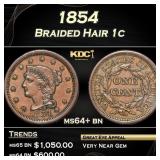1854 Braided Hair Large Cent 1c Grades Choice+ Unc