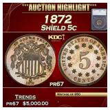 *Highlight* 1872 Proof Shield Nickel 5c pr67 SEGS
