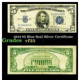 1934 $5 Blue Seal Silver Certificate Grades vf+