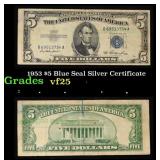 1953 $5 Blue Seal Silver Certificate Grades vf+