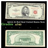 1953A $5 Red Seal United States Note Grades xf