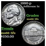1980-p Jefferson Nickel 5c Grades GEM+ 5fs