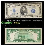 1934A $5 Blue Seal Silver Certificate Grades vf++