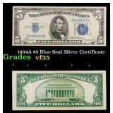 1934A $5 Blue Seal Silver Certificate Grades vf++
