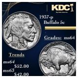 1937-p Buffalo Nickel 5c Grades Choice Unc