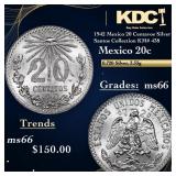 1942 Mexico 20 Centavos Silver Santos Collection K