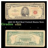 1963 $5 Red Seal United States Note Grades vf+