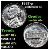 1987-p Jefferson Nickel 5c Grades GEM++ 6fs