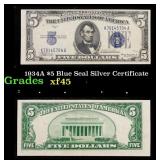1934A $5 Blue Seal Silver Certificate Grades xf+