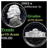 1992-s Proof Jefferson Nickel 5c pr70 dcam SEGS