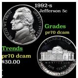 1992-s Proof Jefferson Nickel 5c GEM++ Proof Deep